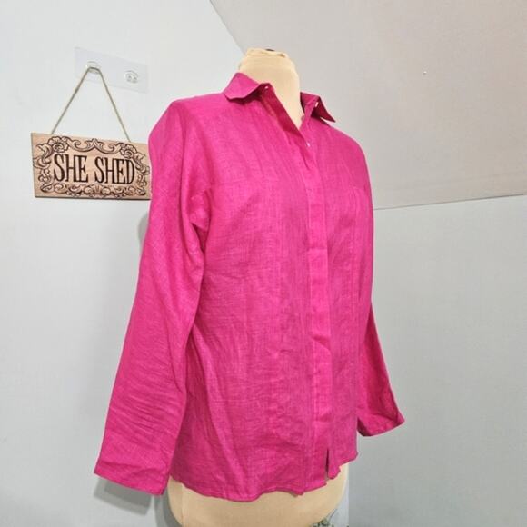 Baird Irish Handkerchief Linen Vibrant Fuchsia Barbie Pink Long Sleeve Top M - Picture 3 of 11